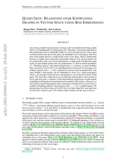 Query2box: Reasoning over Knowledge Graphs in Vector Space using Box
  Embeddings
