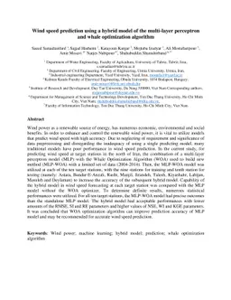 Wind speed prediction using a hybrid model of the multi-layer perceptron
  and whale optimization algorithm