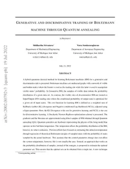 Generative and discriminative training of Boltzmann machine through
  Quantum annealing