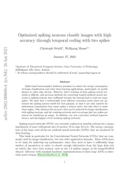 Optimized spiking neurons classify images with high accuracy through
  temporal coding with two spikes