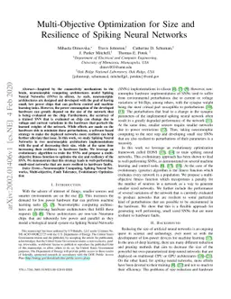 Multi-Objective Optimization for Size and Resilience of Spiking Neural
  Networks