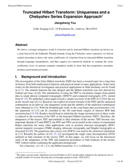 Truncated Hilbert Transform: Uniqueness and a Chebyshev series Expansion
  Approach
