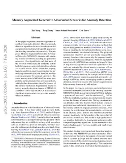 Memory Augmented Generative Adversarial Networks for Anomaly Detection