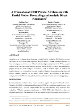 A Translational Three-Degrees-of-Freedom Parallel Mechanism With Partial
  Motion Decoupling and Analytic Direct Kinematics