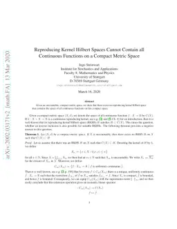 Reproducing Kernel Hilbert Spaces Cannot Contain all Continuous
  Functions on a Compact Metric Space