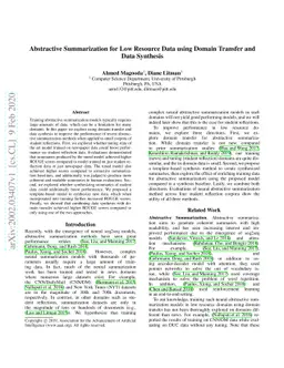 Abstractive Summarization for Low Resource Data using Domain Transfer
  and Data Synthesis