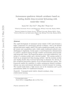 Autonomous quadrotor obstacle avoidance based on dueling double deep
  recurrent Q-learning with monocular vision