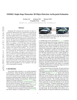 SMOKE: Single-Stage Monocular 3D Object Detection via Keypoint
  Estimation