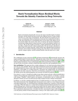 Batch Normalization Biases Residual Blocks Towards the Identity Function
  in Deep Networks
