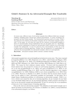 Gödel's Sentence Is An Adversarial Example But Unsolvable