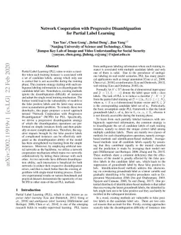 Network Cooperation with Progressive Disambiguation for Partial Label
  Learning