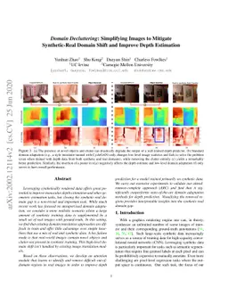 Domain Decluttering: Simplifying Images to Mitigate Synthetic-Real
  Domain Shift and Improve Depth Estimation