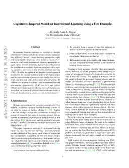 Cognitively-Inspired Model for Incremental Learning Using a Few Examples