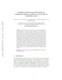 Gradient-based adversarial attacks on categorical sequence models via
  traversing an embedded world