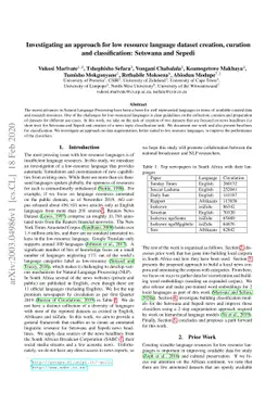 Investigating an approach for low resource language dataset creation,
  curation and classification: Setswana and Sepedi