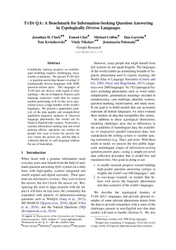 TyDi QA: A Benchmark for Information-Seeking Question Answering in
  Typologically Diverse Languages