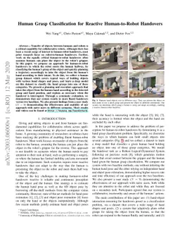 Human Grasp Classification for Reactive Human-to-Robot Handovers