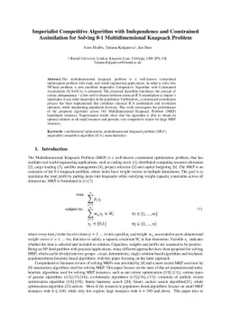 Imperialist Competitive Algorithm with Independence and Constrained
  Assimilation for Solving 0-1 Multidimensional Knapsack Problem