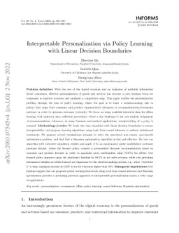 Interpretable Personalization via Policy Learning with Linear Decision
  Boundaries