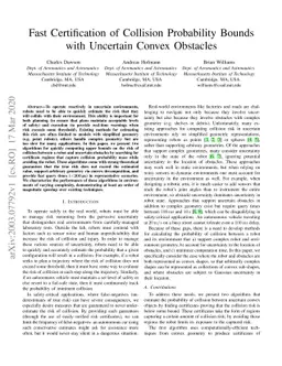 Fast Certification of Collision Probability Bounds with Uncertain Convex
  Obstacles
