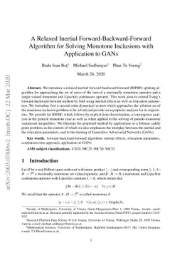 A Relaxed Inertial Forward-Backward-Forward Algorithm for Solving
  Monotone Inclusions with Application to GANs