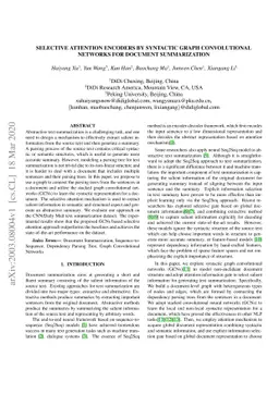 Selective Attention Encoders by Syntactic Graph Convolutional Networks
  for Document Summarization