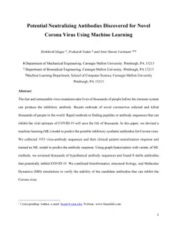 Potential Neutralizing Antibodies Discovered for Novel Corona Virus
  Using Machine Learning