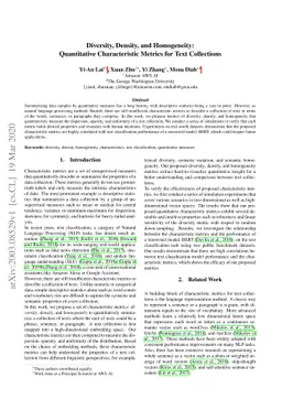 Diversity, Density, and Homogeneity: Quantitative Characteristic Metrics
  for Text Collections