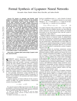 Formal Synthesis of Lyapunov Neural Networks