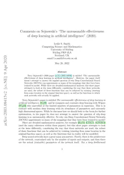 Comments on Sejnowski's "The unreasonable effectiveness of deep learning
  in artificial intelligence" [arXiv:2002.04806]