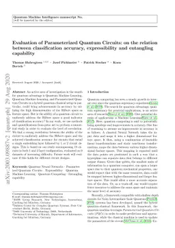 Evaluation of Parameterized Quantum Circuits: on the relation between
  classification accuracy, expressibility and entangling capability