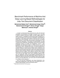 Benchmark Performance of Machine And Deep Learning Based Methodologies
  for Urdu Text Document Classification