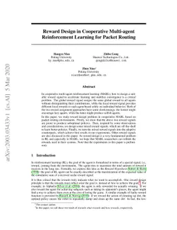 Reward Design in Cooperative Multi-agent Reinforcement Learning for
  Packet Routing