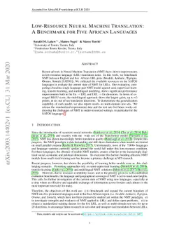 Low Resource Neural Machine Translation: A Benchmark for Five African
  Languages
