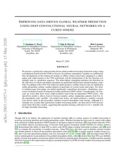 Improving data-driven global weather prediction using deep convolutional
  neural networks on a cubed sphere