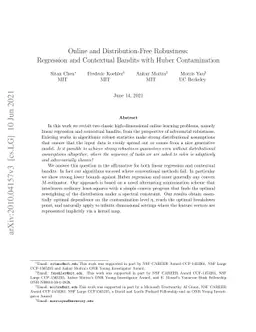 Online and Distribution-Free Robustness: Regression and Contextual
  Bandits with Huber Contamination