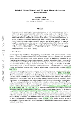PoinT-5: Pointer Network and T-5 based Financial NarrativeSummarisation