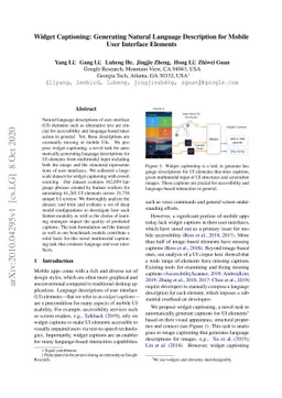 Widget Captioning: Generating Natural Language Description for Mobile
  User Interface Elements