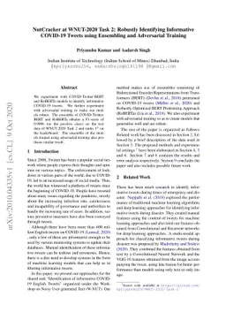 NutCracker at WNUT-2020 Task 2: Robustly Identifying Informative
  COVID-19 Tweets using Ensembling and Adversarial Training