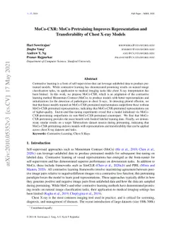 MoCo-CXR: MoCo Pretraining Improves Representation and Transferability
  of Chest X-ray Models