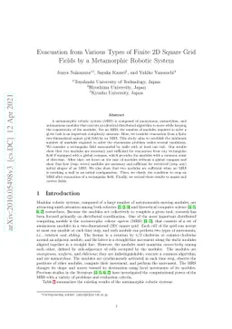 Evacuation from Various Types of Finite 2D Square Grid Fields by a
  Metamorphic Robotic System