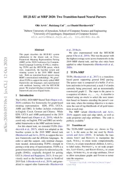 HUJI-KU at MRP~2020: Two Transition-based Neural Parsers