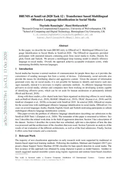 BRUMS at SemEval-2020 Task 12 : Transformer based Multilingual Offensive
  Language Identification in Social Media