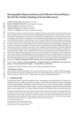 Demographic Representation and Collective Storytelling in the Me Too
  Twitter Hashtag Activism Movement