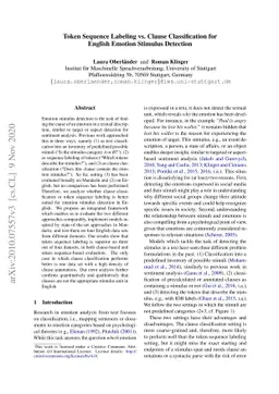 Token Sequence Labeling vs. Clause Classification for English Emotion
  Stimulus Detection