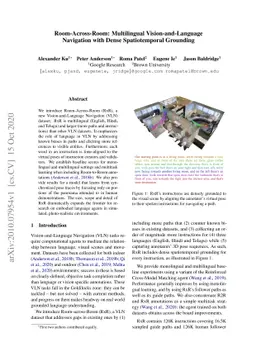 Room-Across-Room: Multilingual Vision-and-Language Navigation with Dense
  Spatiotemporal Grounding