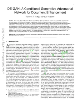 DE-GAN: A Conditional Generative Adversarial Network for Document
  Enhancement