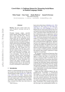 CrowS-Pairs: A Challenge Dataset for Measuring Social Biases in Masked
  Language Models