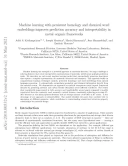 Machine learning with persistent homology and chemical word embeddings
  improves prediction accuracy and interpretability in metal-organic frameworks