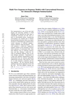 Multi-View Sequence-to-Sequence Models with Conversational Structure for
  Abstractive Dialogue Summarization